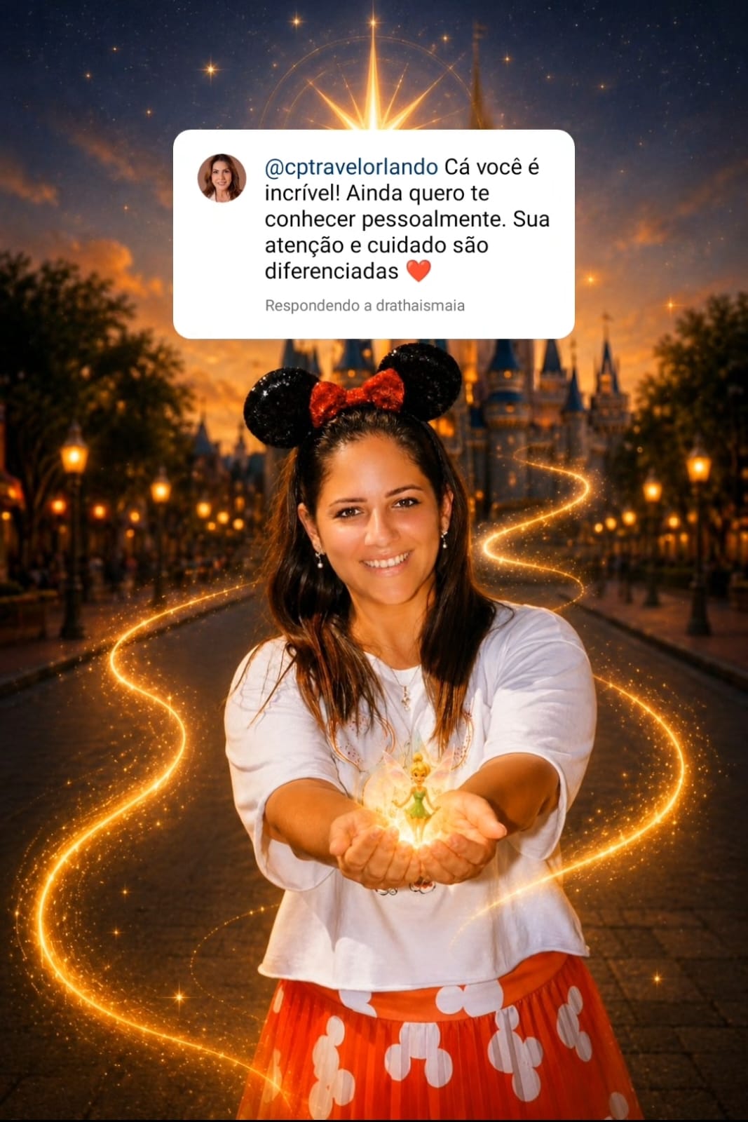 Camila Pires, fundadora da CPTravel Orlando, em frente ao castelo da Disney