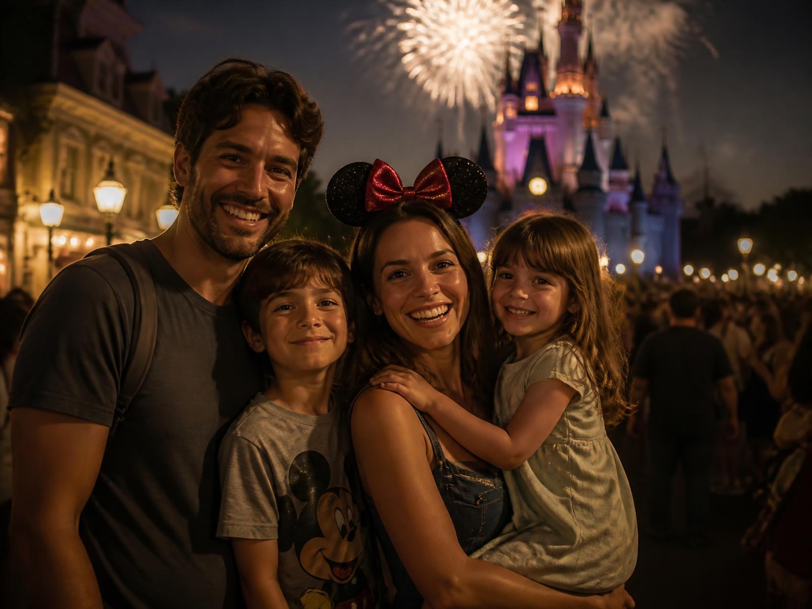 Família brasileira sorrindo em frente ao castelo com fogos de artifício em Orlando